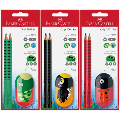 Набор Faber-Castell Grip 2001  2 карандаша B +точилка с ластиком 3 дизайна 'Animals' ассорти в блистере